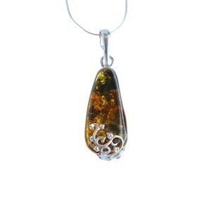 Green Baltic Amber Pendant Necklace in 925 Sterling Silver -Floral Handmade